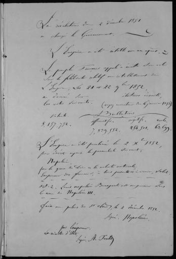 Copie des résultats du plébiscite et proclamation de l'Empire par Napoléon le 2 décembre 1852. - Ms, 1 p.